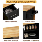 Desserte d'îlot de cuisine noire/blanche avec plateau extensible, 3 tiroirs et armoire à 2 portes – 1 personne