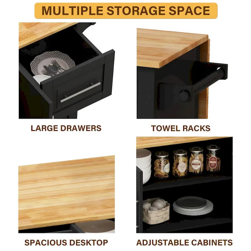 Desserte d'îlot de cuisine noire/blanche avec plateau extensible, 3 tiroirs et armoire à 2 portes – 1 personne