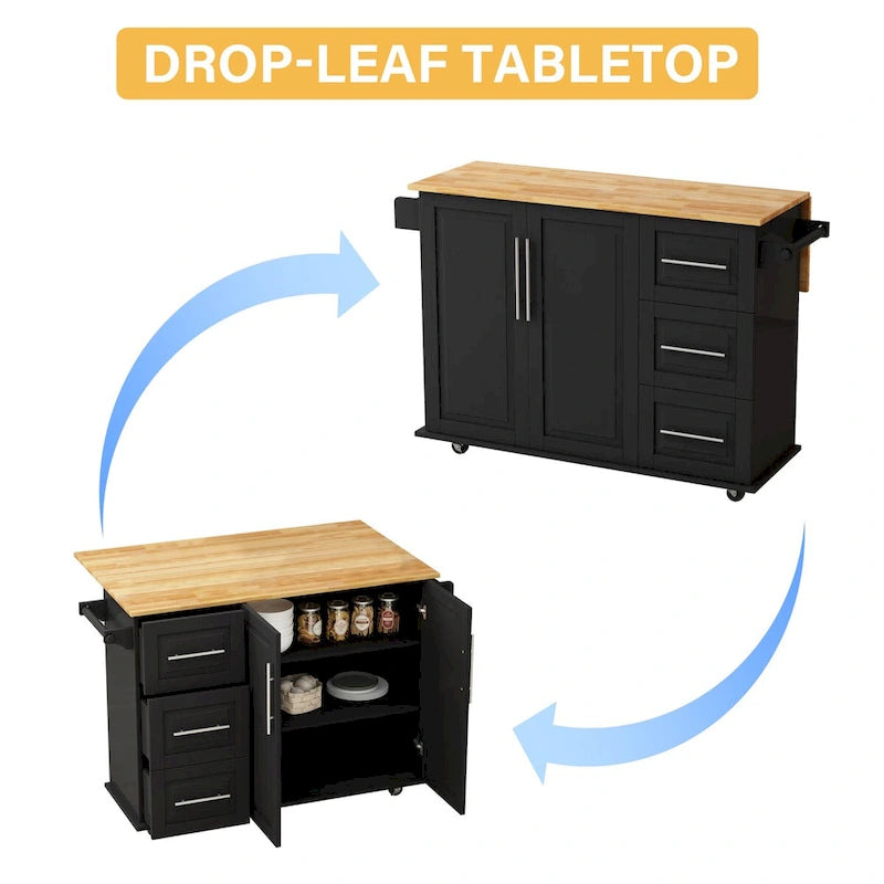 Desserte d'îlot de cuisine noire/blanche avec plateau extensible, 3 tiroirs et armoire à 2 portes – 1 personne