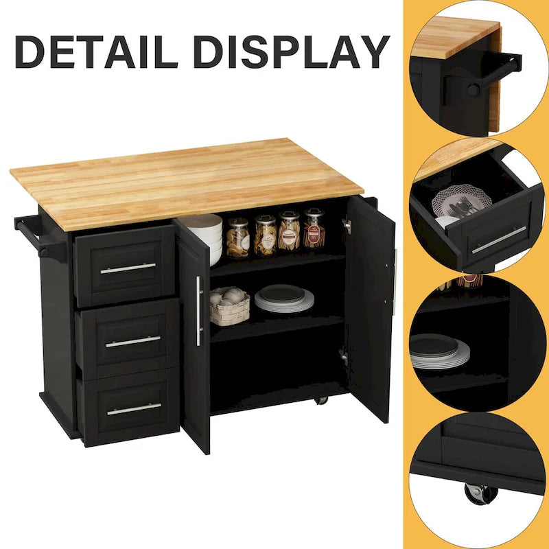 Desserte d'îlot de cuisine noire/blanche avec plateau extensible, 3 tiroirs et armoire à 2 portes – 1 personne