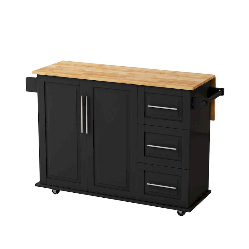 Desserte d'îlot de cuisine noire/blanche avec plateau extensible, 3 tiroirs et armoire à 2 portes – 1 personne