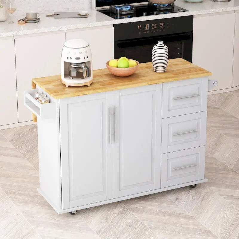 Desserte d'îlot de cuisine noire/blanche avec plateau extensible, 3 tiroirs et armoire à 2 portes – 1 personne