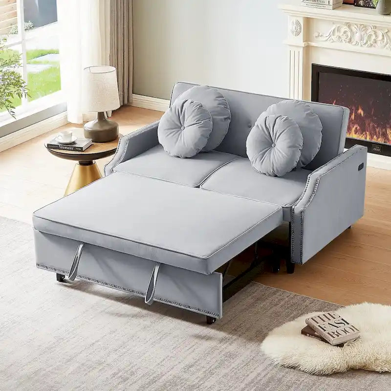 Canapé convertible capitonné gris clair / café / beige avec dossier réglable et 2 ports USB – 2 places
