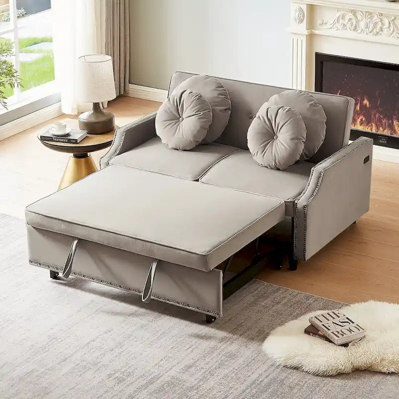 Canapé convertible capitonné gris clair / café / beige avec dossier réglable et 2 ports USB – 2 places