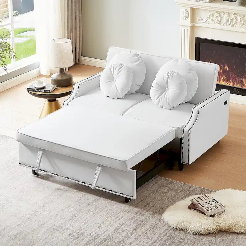 Canapé convertible capitonné gris clair / café / beige avec dossier réglable et 2 ports USB – 2 places