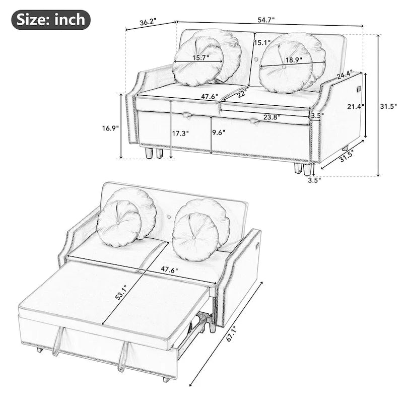 Canapé convertible capitonné gris clair / café / beige avec dossier réglable et 2 ports USB – 2 places