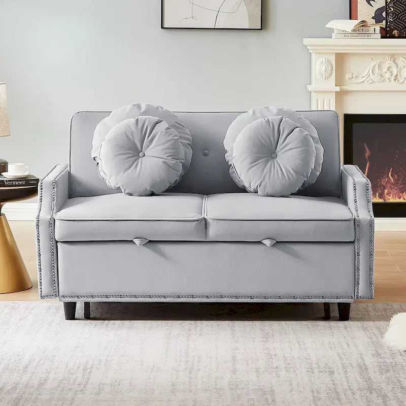 Canapé convertible capitonné gris clair / café / beige avec dossier réglable et 2 ports USB – 2 places