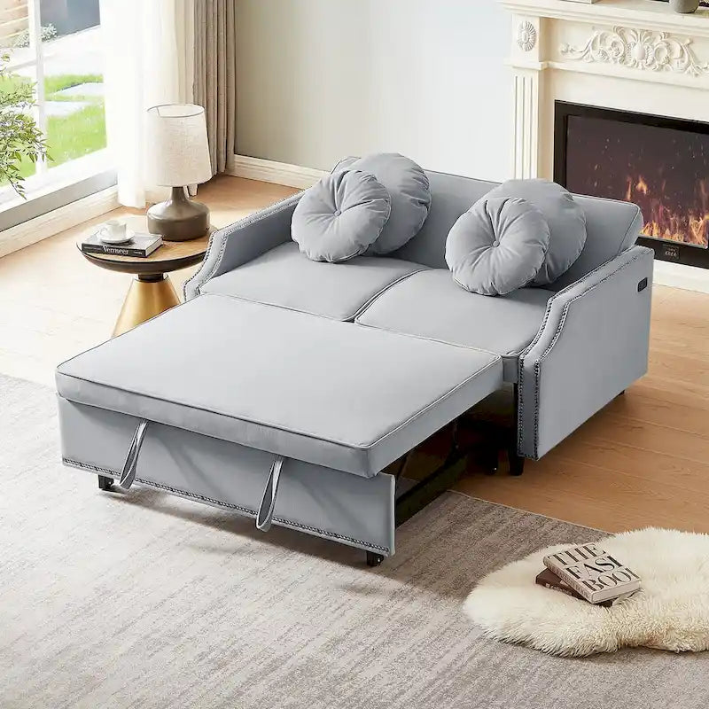 Canapé convertible capitonné gris clair / café / beige avec dossier réglable et 2 ports USB – 2 places
