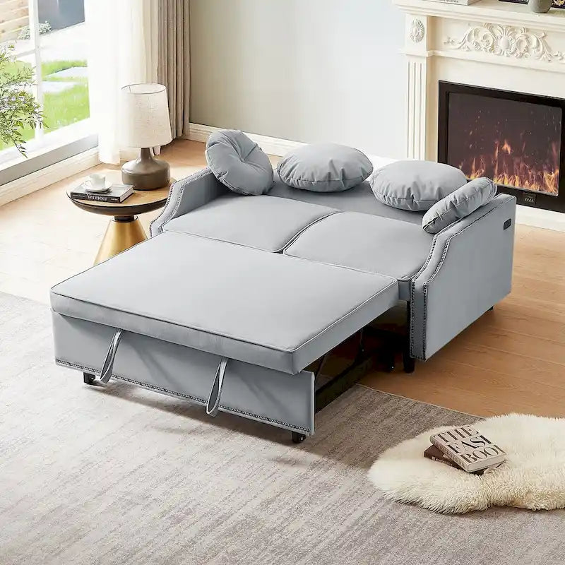 Canapé convertible capitonné gris clair / café / beige avec dossier réglable et 2 ports USB – 2 places