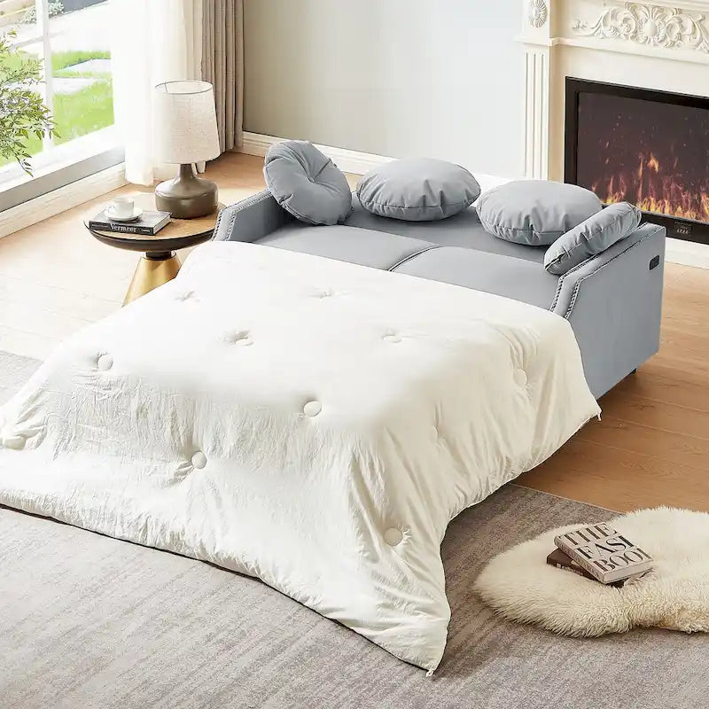 Canapé convertible capitonné gris clair / café / beige avec dossier réglable et 2 ports USB – 2 places