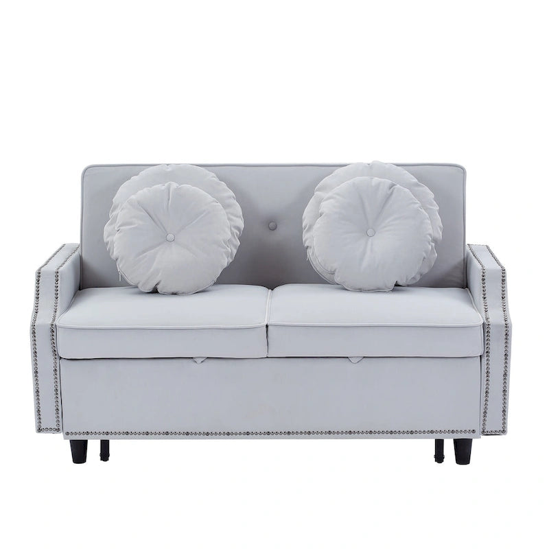 Canapé convertible capitonné gris clair / café / beige avec dossier réglable et 2 ports USB – 2 places