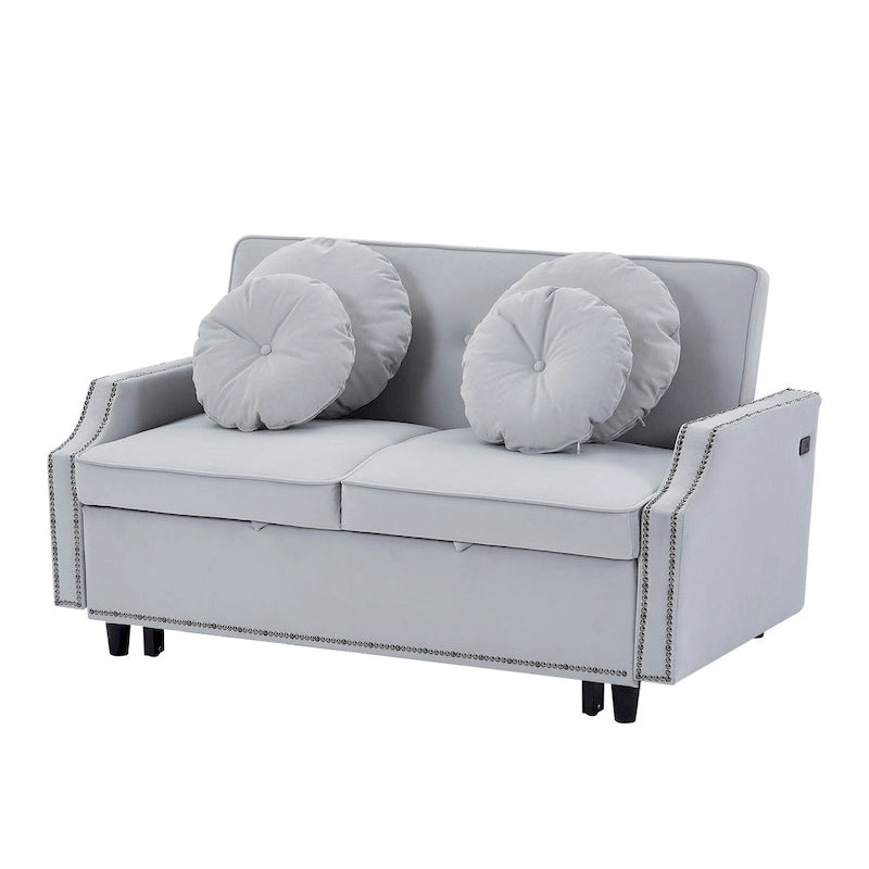 Canapé convertible capitonné gris clair / café / beige avec dossier réglable et 2 ports USB – 2 places