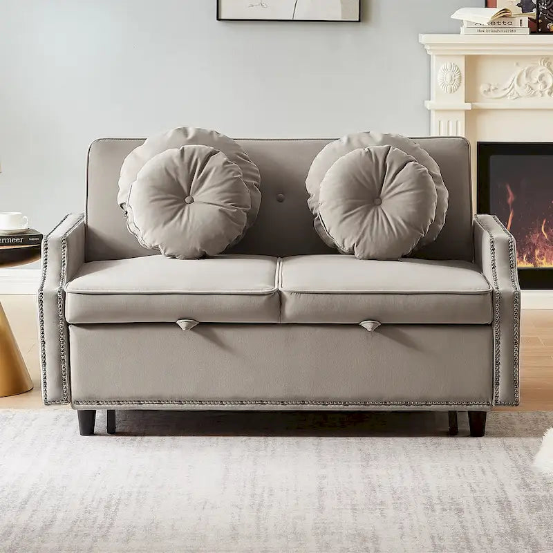 Canapé convertible capitonné gris clair / café / beige avec dossier réglable et 2 ports USB – 2 places