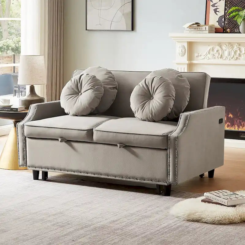 Canapé convertible capitonné gris clair / café / beige avec dossier réglable et 2 ports USB – 2 places