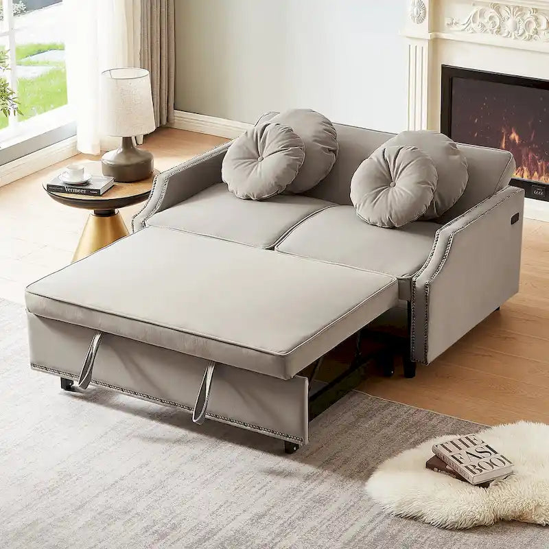 Canapé convertible capitonné gris clair / café / beige avec dossier réglable et 2 ports USB – 2 places