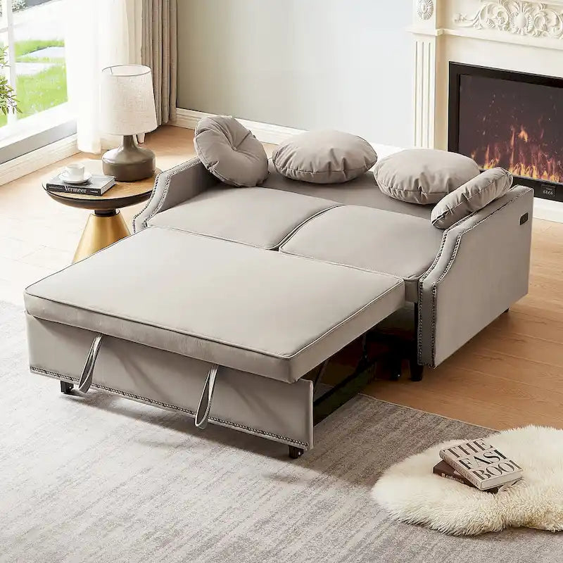 Canapé convertible capitonné gris clair / café / beige avec dossier réglable et 2 ports USB – 2 places