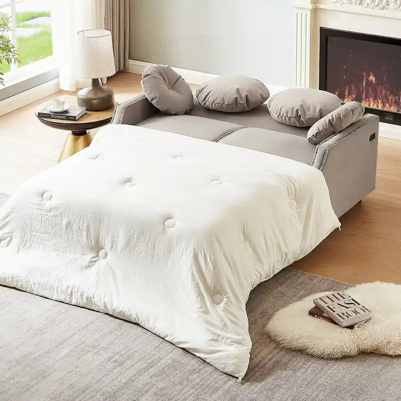 Canapé convertible capitonné gris clair / café / beige avec dossier réglable et 2 ports USB – 2 places