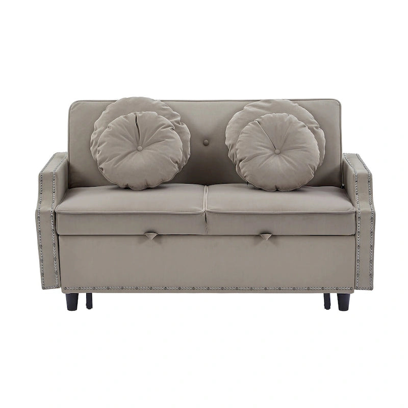 Canapé convertible capitonné gris clair / café / beige avec dossier réglable et 2 ports USB – 2 places