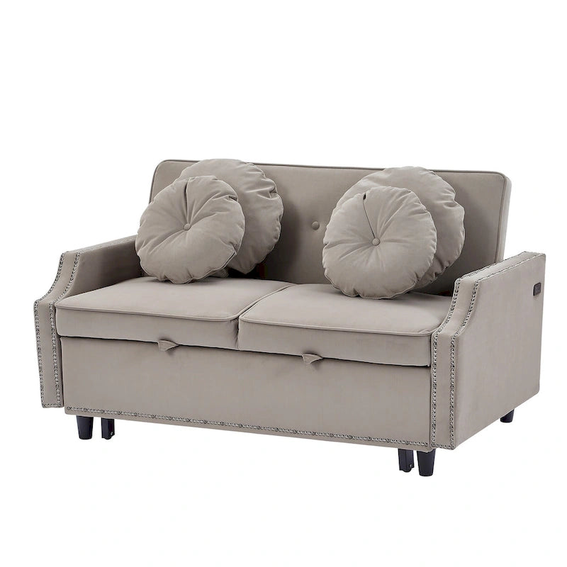 Canapé convertible capitonné gris clair / café / beige avec dossier réglable et 2 ports USB – 2 places