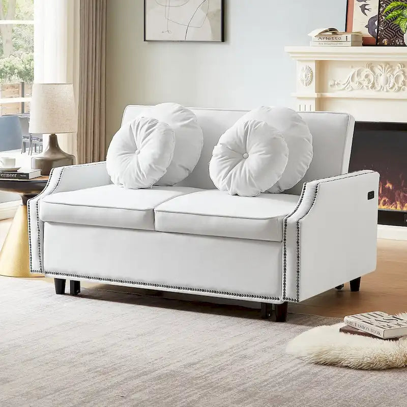 Canapé convertible capitonné gris clair / café / beige avec dossier réglable et 2 ports USB – 2 places