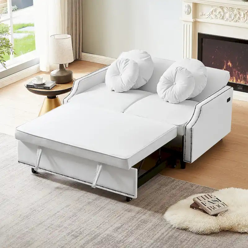 Canapé convertible capitonné gris clair / café / beige avec dossier réglable et 2 ports USB – 2 places