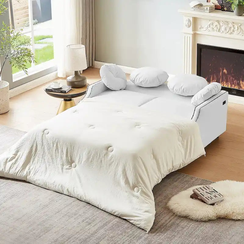 Canapé convertible capitonné gris clair / café / beige avec dossier réglable et 2 ports USB – 2 places