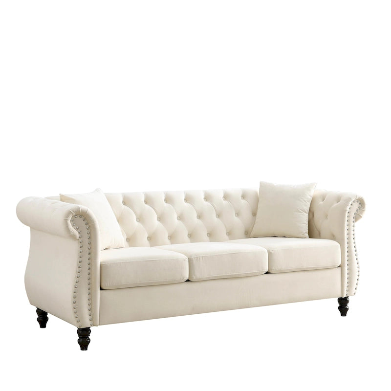 Canapé 3 places Chesterfield beige/gris avec capitonnage et clous décoratifs – 3 personnes