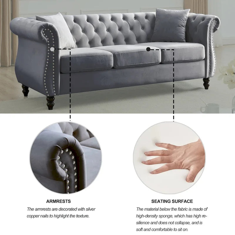 Canapé 3 places Chesterfield beige/gris avec capitonnage et clous décoratifs – 3 personnes