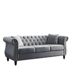 Canapé 3 places Chesterfield beige/gris avec capitonnage et clous décoratifs – 3 personnes