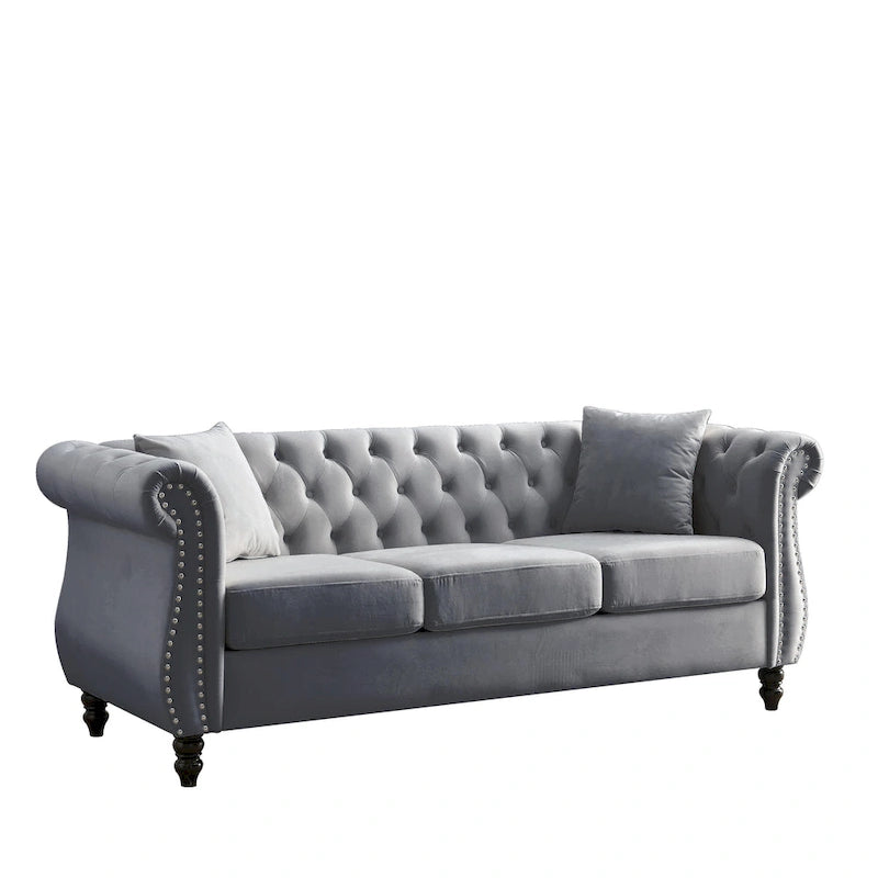 Canapé 3 places Chesterfield beige/gris avec capitonnage et clous décoratifs – 3 personnes