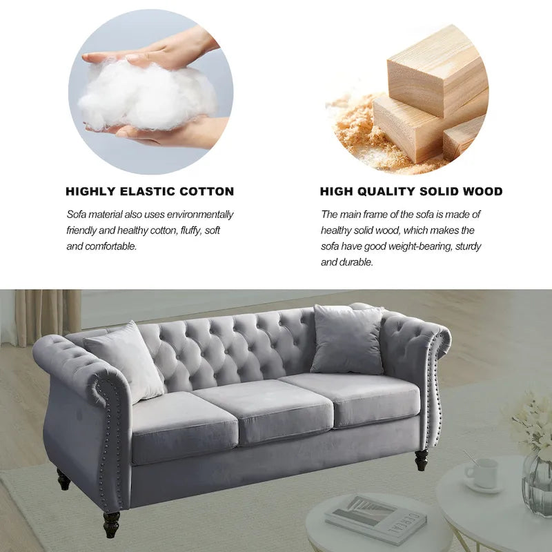 Canapé 3 places Chesterfield beige/gris avec capitonnage et clous décoratifs – 3 personnes