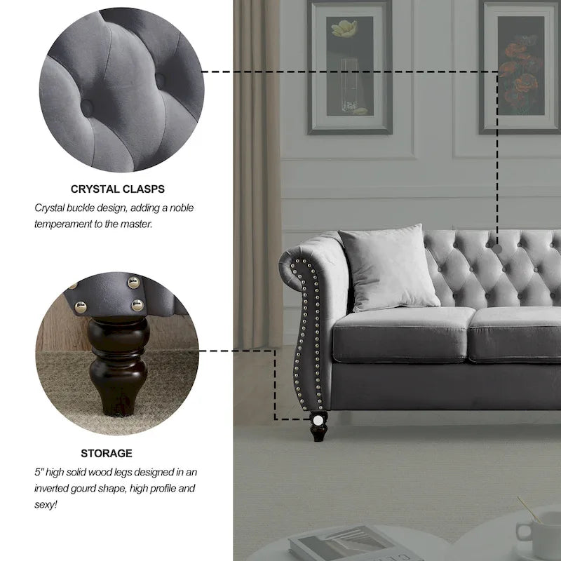 Canapé 3 places Chesterfield beige/gris avec capitonnage et clous décoratifs – 3 personnes