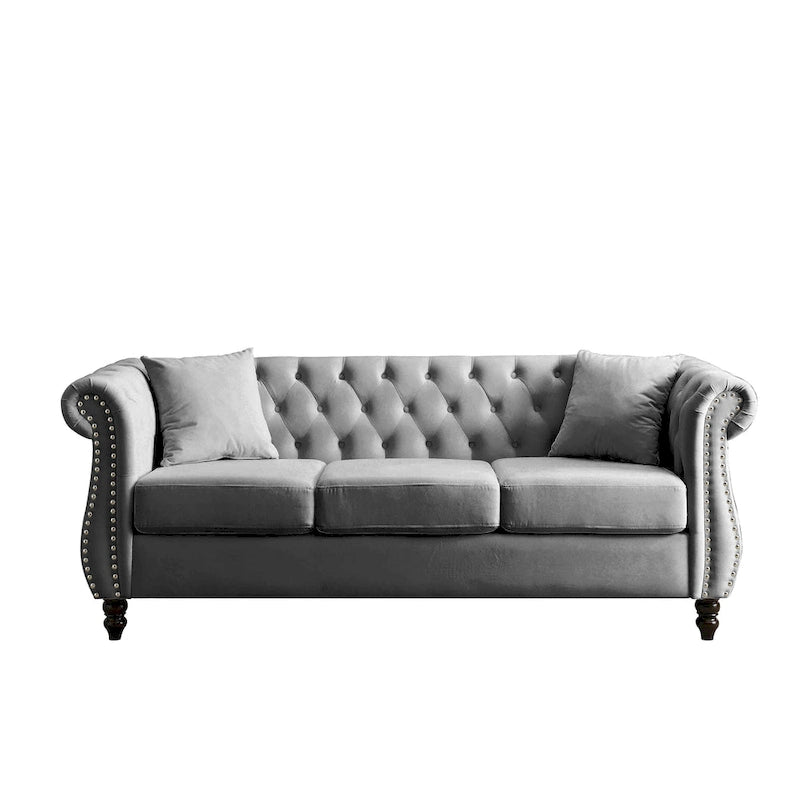 Canapé 3 places Chesterfield beige/gris avec capitonnage et clous décoratifs – 3 personnes