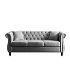 Canapé 3 places Chesterfield beige/gris avec capitonnage et clous décoratifs – 3 personnes