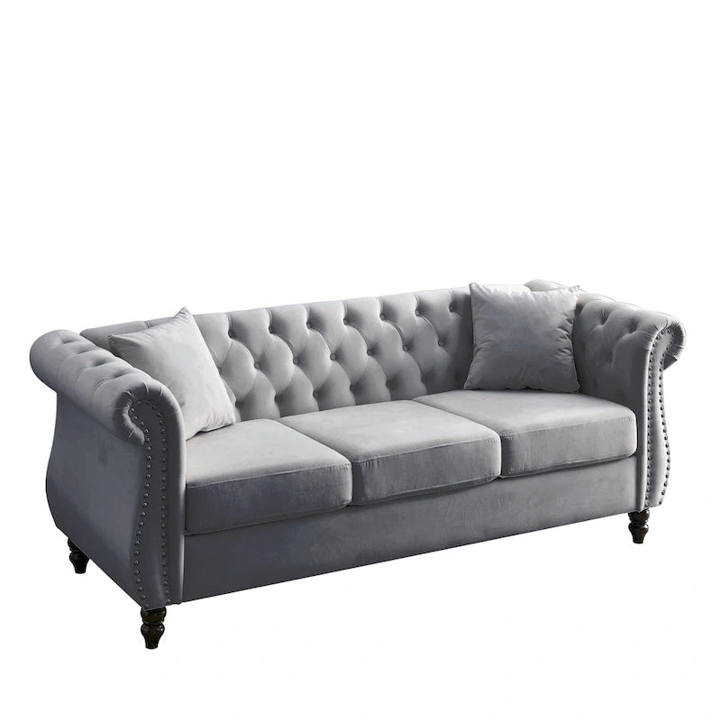 Canapé 3 places Chesterfield beige/gris avec capitonnage et clous décoratifs – 3 personnes