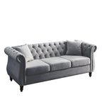 Canapé 3 places Chesterfield beige/gris avec capitonnage et clous décoratifs – 3 personnes