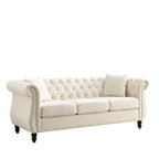 Canapé 3 places Chesterfield beige/gris avec capitonnage et clous décoratifs – 3 personnes