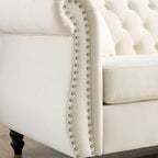 Canapé 3 places Chesterfield beige/gris avec capitonnage et clous décoratifs – 3 personnes