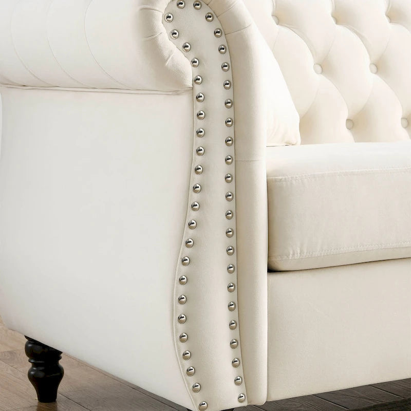 Canapé 3 places Chesterfield beige/gris avec capitonnage et clous décoratifs – 3 personnes