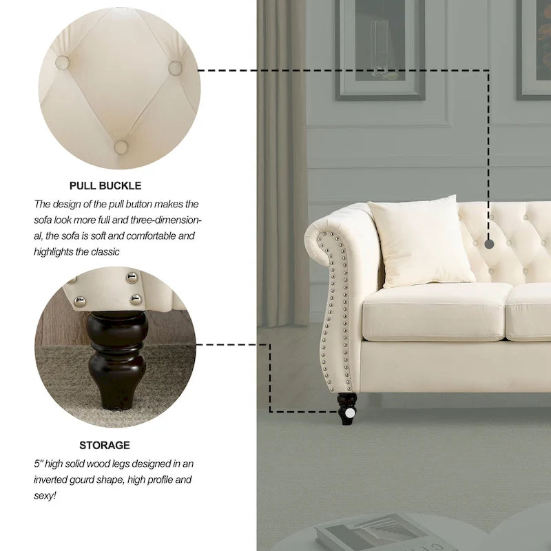 Canapé 3 places Chesterfield beige/gris avec capitonnage et clous décoratifs – 3 personnes