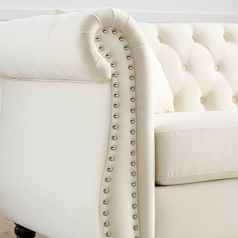 Canapé 3 places Chesterfield beige/gris avec capitonnage et clous décoratifs – 3 personnes