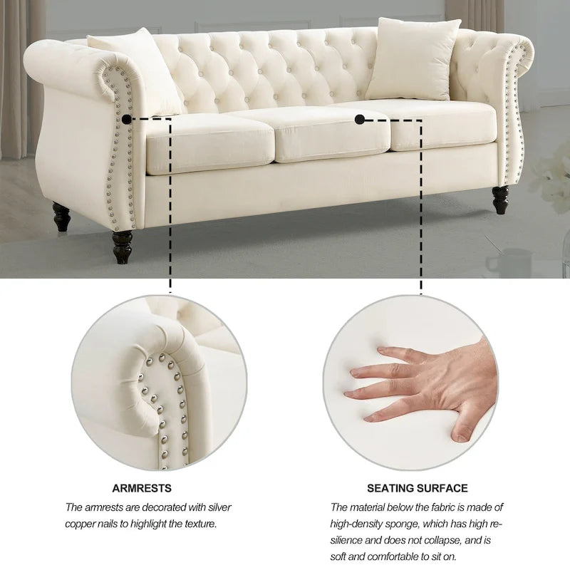 Canapé 3 places Chesterfield beige/gris avec capitonnage et clous décoratifs – 3 personnes