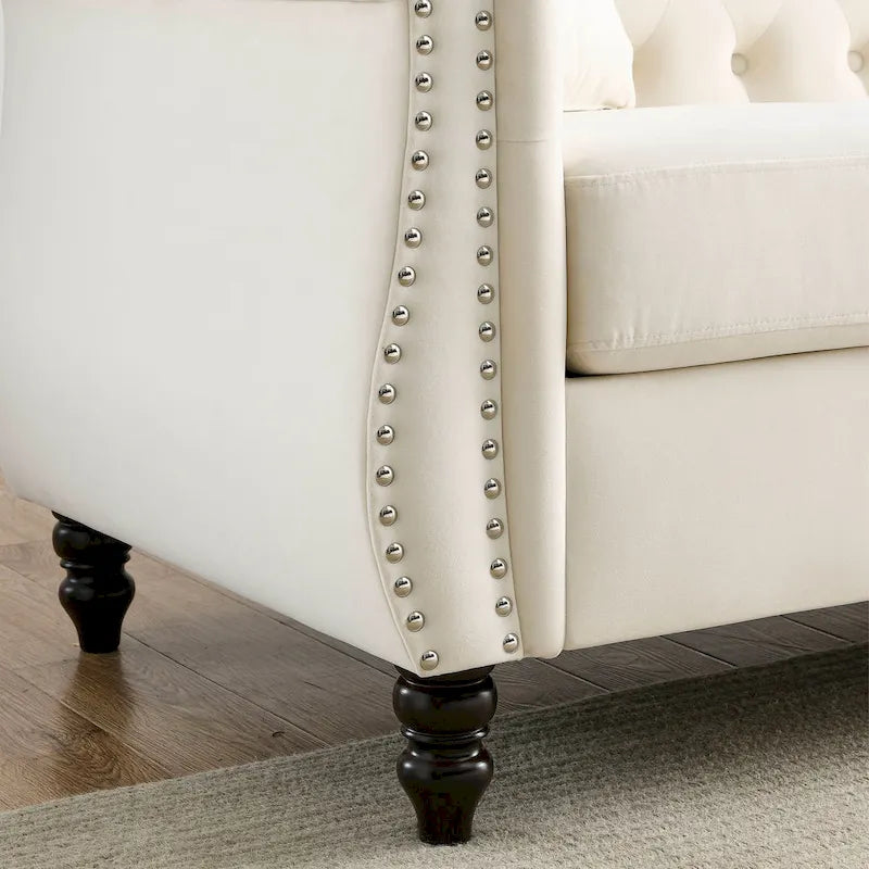 Canapé 3 places Chesterfield beige/gris avec capitonnage et clous décoratifs – 3 personnes