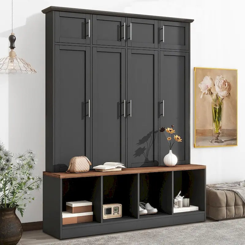 Meuble d'entrée haut en bois noir et blanc avec 8 casiers, 4 compartiments ouverts et un banc intégré