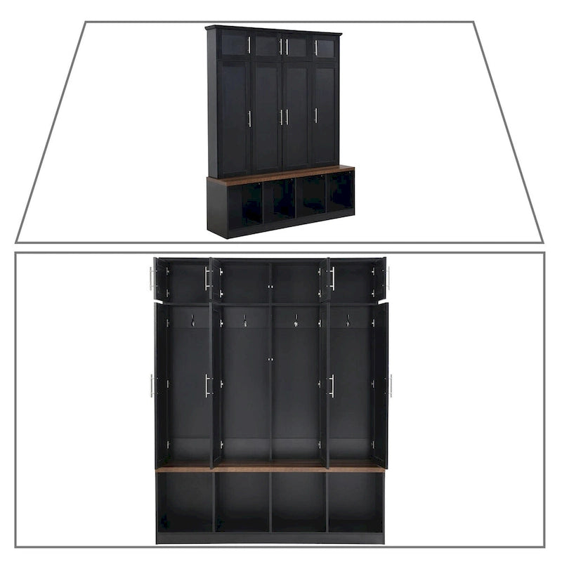 Meuble d'entrée haut en bois noir et blanc avec 8 casiers, 4 compartiments ouverts et un banc intégré