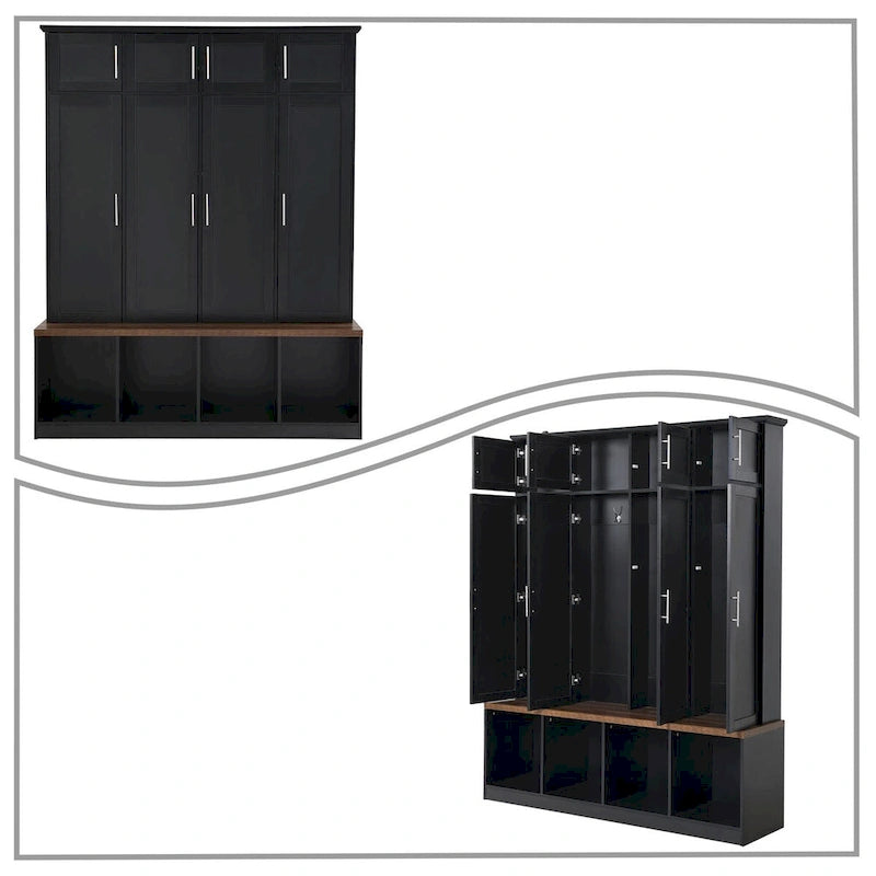 Meuble d'entrée haut en bois noir et blanc avec 8 casiers, 4 compartiments ouverts et un banc intégré