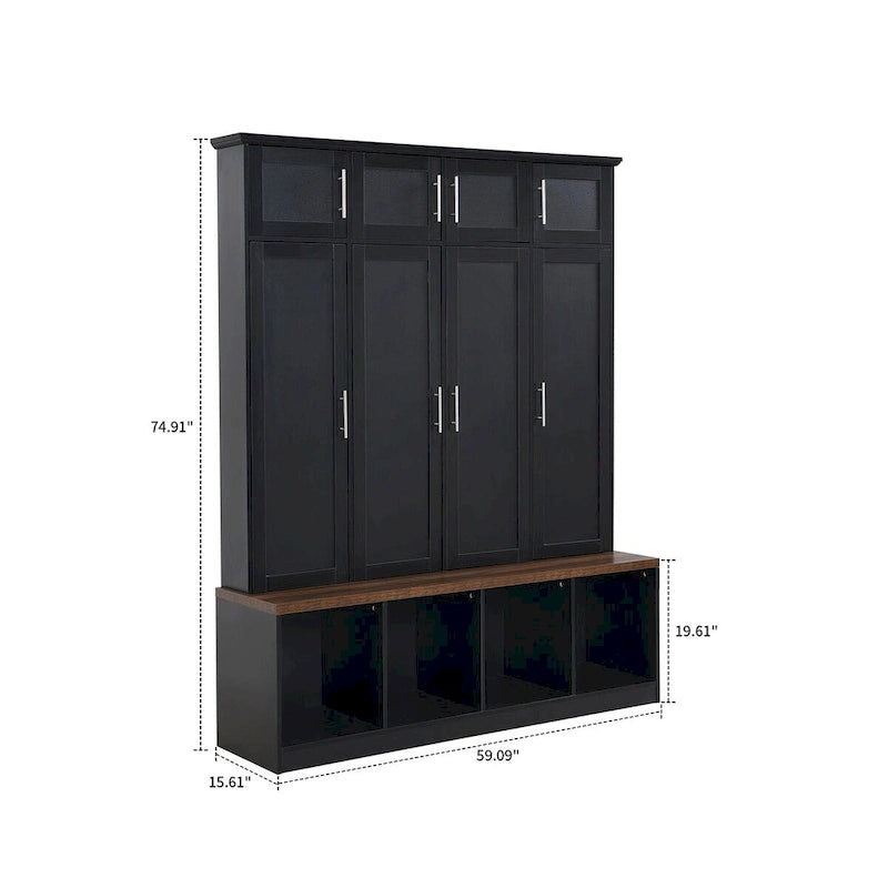 Meuble d'entrée haut en bois noir et blanc avec 8 casiers, 4 compartiments ouverts et un banc intégré
