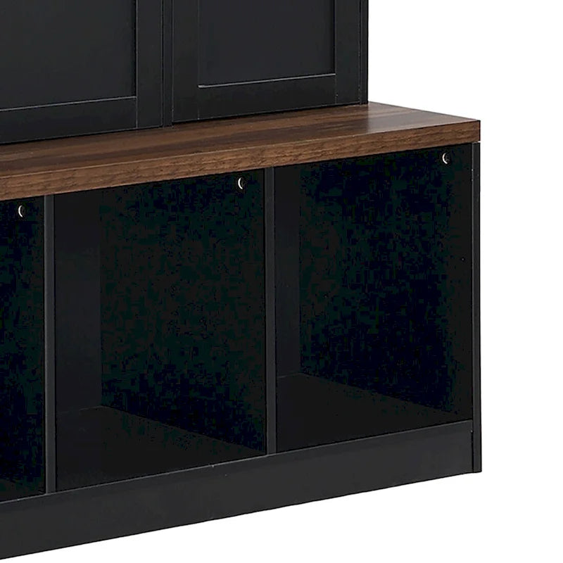 Meuble d'entrée haut en bois noir et blanc avec 8 casiers, 4 compartiments ouverts et un banc intégré