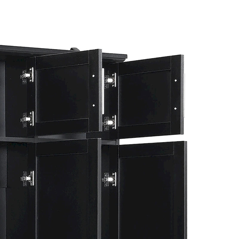 Meuble d'entrée haut en bois noir et blanc avec 8 casiers, 4 compartiments ouverts et un banc intégré