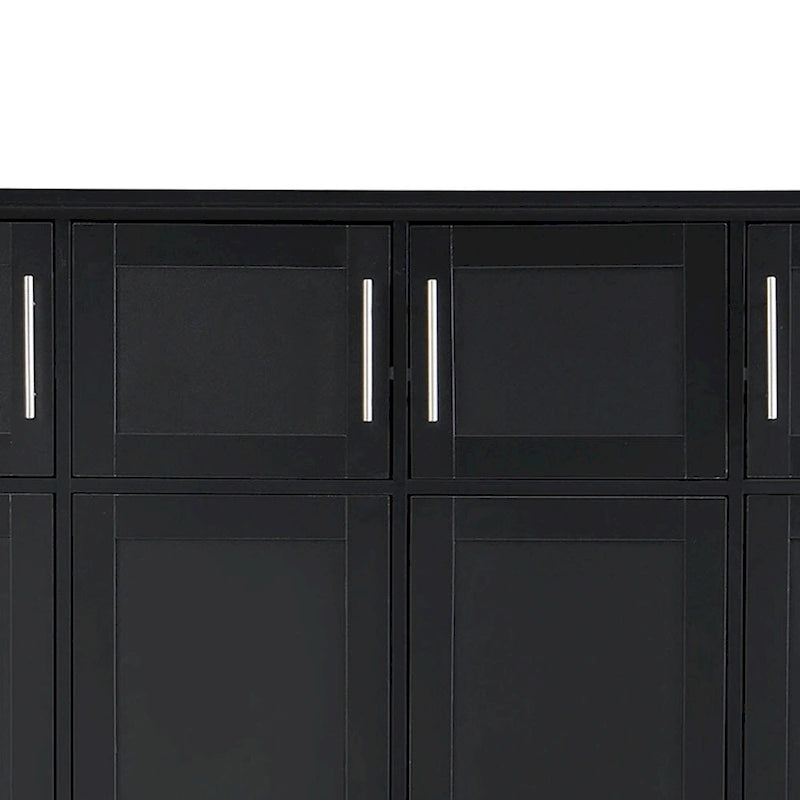 Meuble d'entrée haut en bois noir et blanc avec 8 casiers, 4 compartiments ouverts et un banc intégré